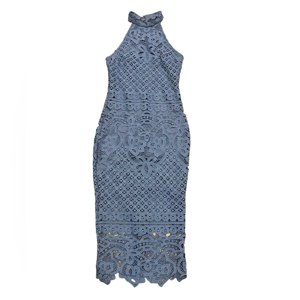 Venus slate blue lace eyelit, midi dress. Perfect for weddings, or date night!